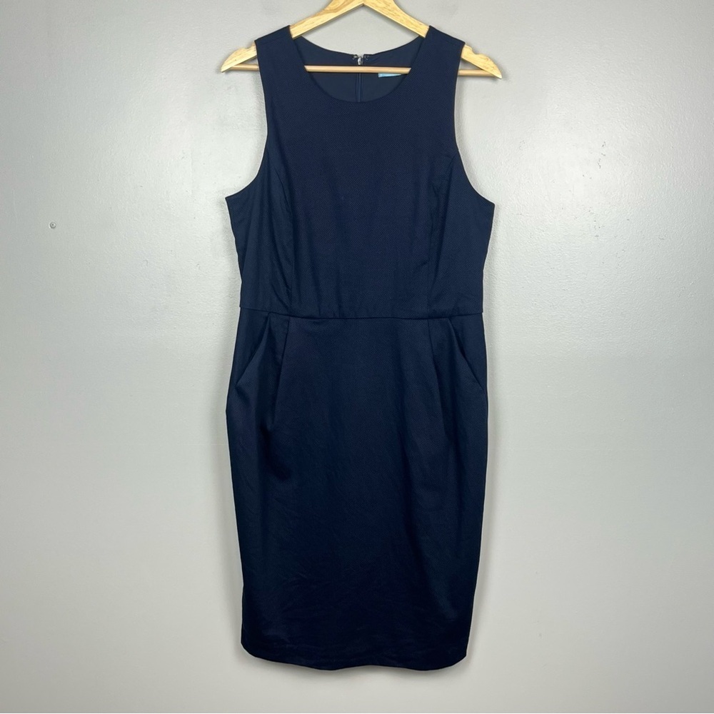 J. McLaughlin navy blue sleeveless back zip sheath style dress, size 10.